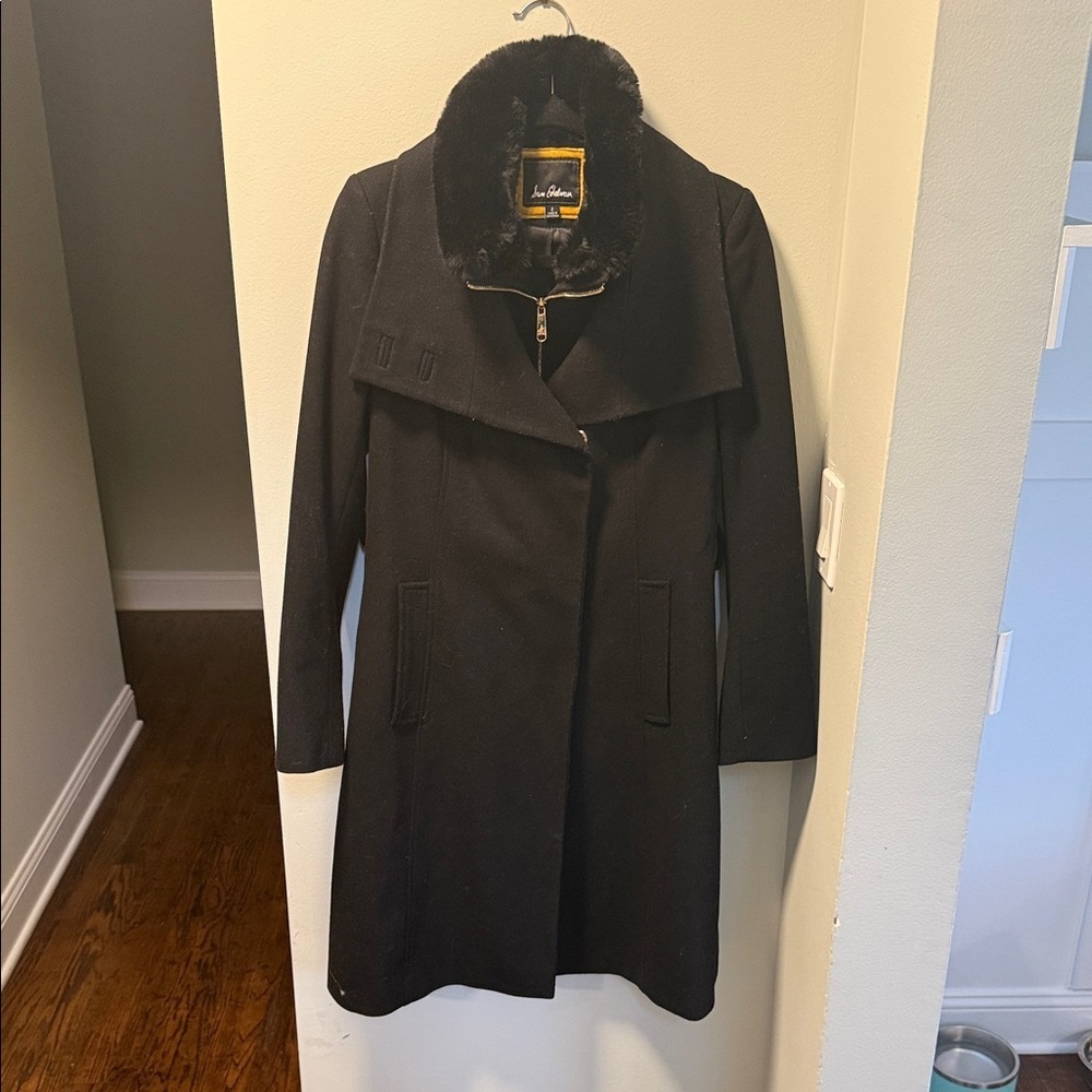 Sam Edelman Black Trench Coat with Faux Fur Collar